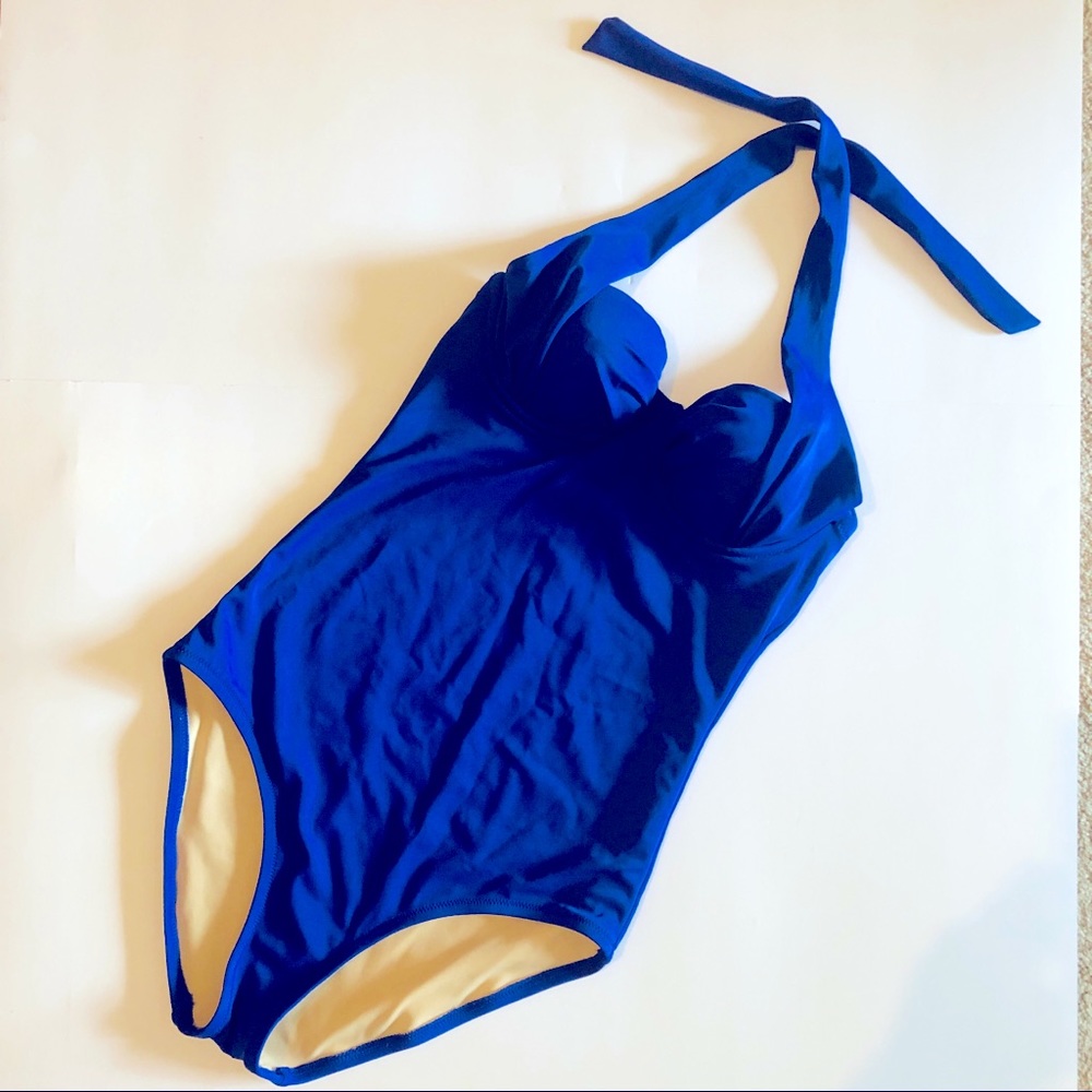 EUC J. Crew Halter Retro Underwire Ties Cups Royal Blue 2 one piece swimsuit